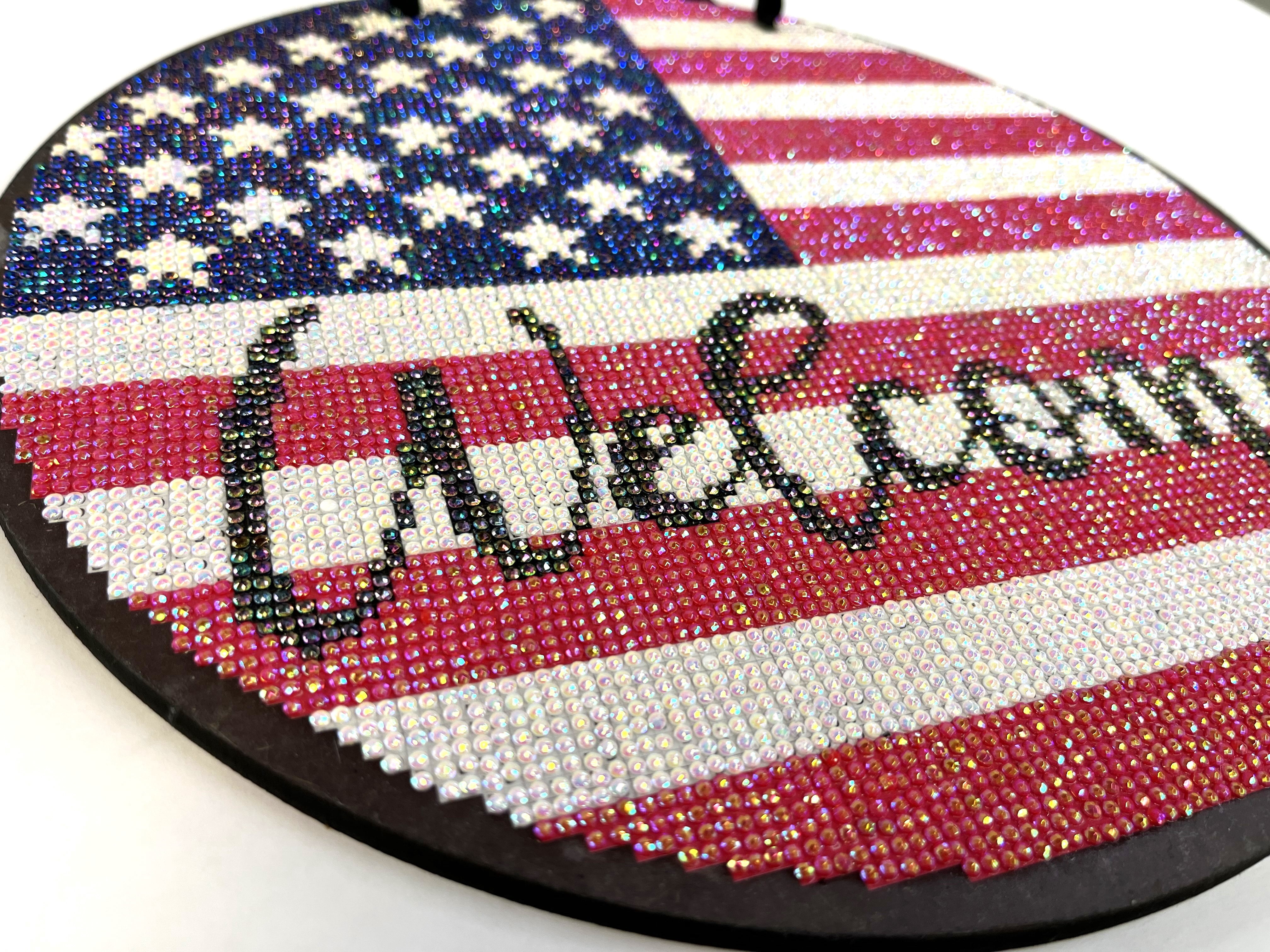 Diamond Painting Kit, Welcome US Flag Diamond Art Painting, 14 Piece Set, Round Wood Door Sign, 100% AB Drills