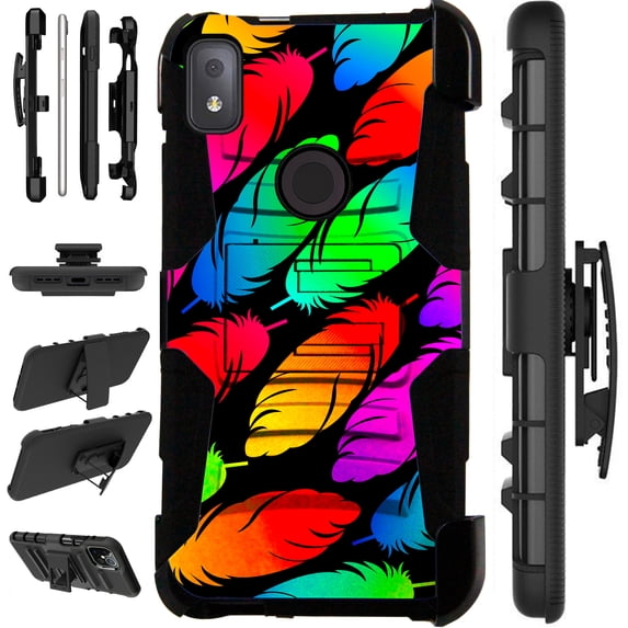 Compatible with T-Mobile REVVL 4 Hybrid LuxGuard Holster Phone Case Cover (Colorful Feather)