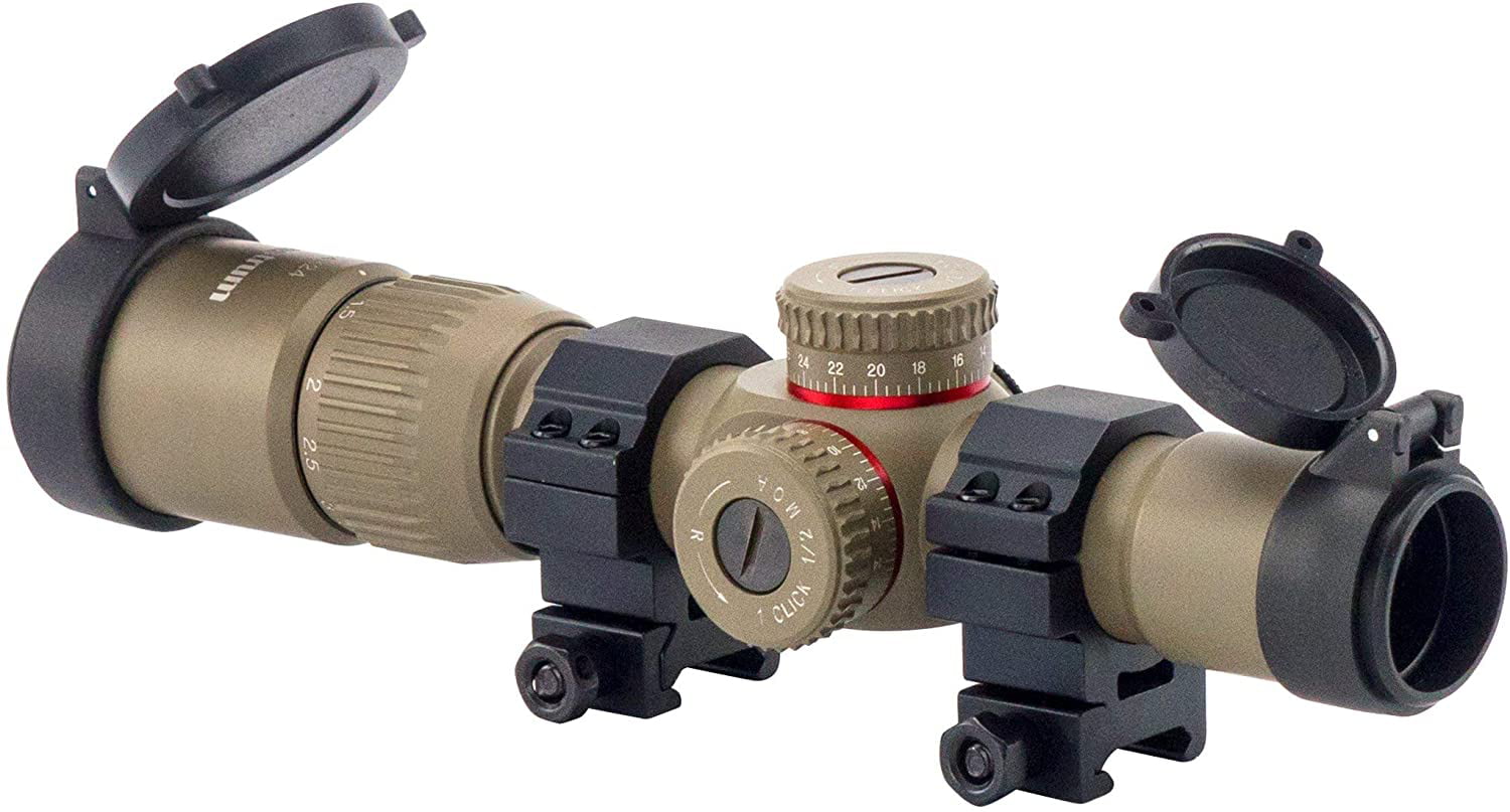 Monstrum 1-4x20 Rifle Scope with Offset Cantilever Scope Mount and Flip Up Lens Covers