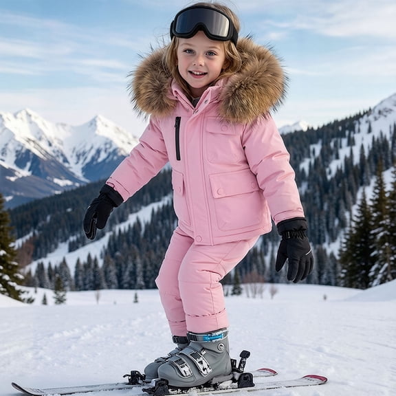 Samdudou Girls 2 Piece Winter Ski Set Boys Long Sleeve Parka Jacket Faux Fur Hood Insulated Snow Pants Kids Windproof Snow Snowsuit Outerwear for Skiing