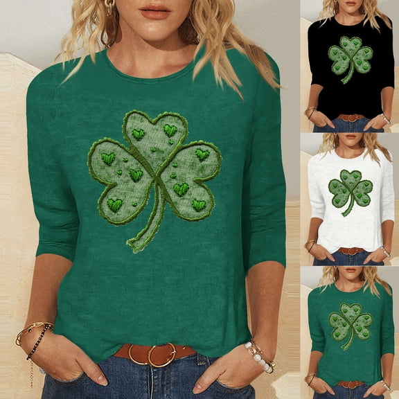 Cadancy Plus Size St Patricks Day Shirt Women Trendy 3/4 Sleeve Graphic Tops Crewneck Irish Shamrock Holiday Blouse Casual Loose Funny Shirts