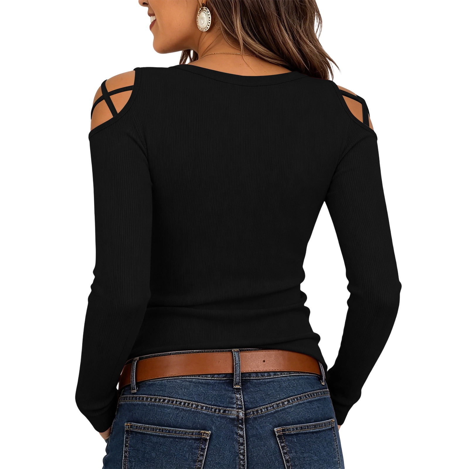 トップス diante GEOMETRIC OFFSHOULDER BLOUSE BLK VSSSJ Women's Cold Shoulder Tops Crisscross Cutout Ribbed Long