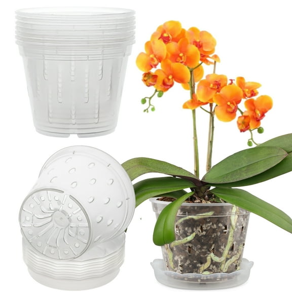 Fabulas Orchid Pot, 8 Clear Plastic Orchid Pots with Holes and 8 Saucers, 5.5 Inch Orchid Pots for Repotting clear pots for plants, Flower Breathable Slotted Orchid Planter Clear Nursery Pots