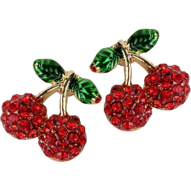 Women's Cherry Stud Earrings - Ultra Light - Lead and Nickle Free - Enamel & Crystals - Cherries De Red Fruit Charm Piercing Jewelry Gold -