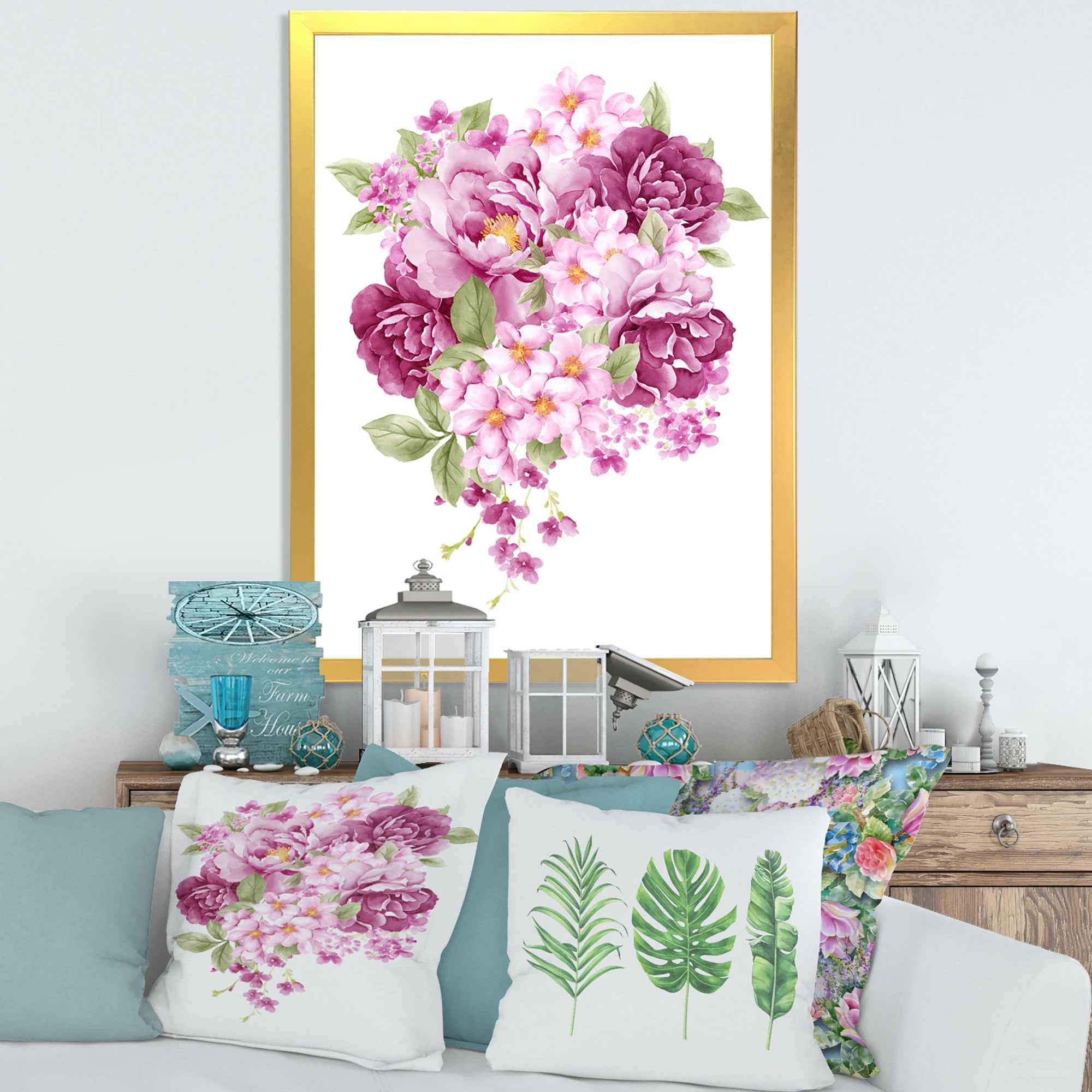 Designart 'Bouquet Of Pink Retro Flowers' Traditional Framed Art Print