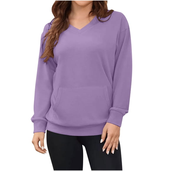 Fall Sweatshirts for Women ,Women's No-Cap V-Neck Solid Color Long Sleeve Sweatshirt for Fall Fashion
