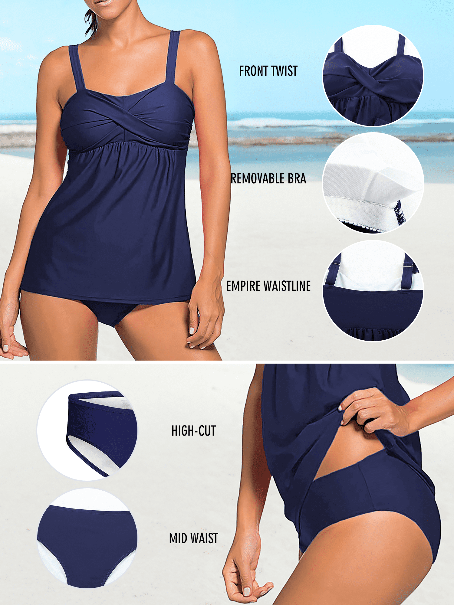 DOKOTOO Swimsuit Women Tummy Control Ruched Padded Tankini Set Solid Swim Top and Bottoms Bathing Suit Blue XL 16-18