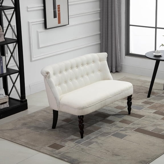 HOMCOM Fabric Loveseat with Wood Legs, Buton Tufted Settee, Cream White | Upholstered, Armless, Living Room