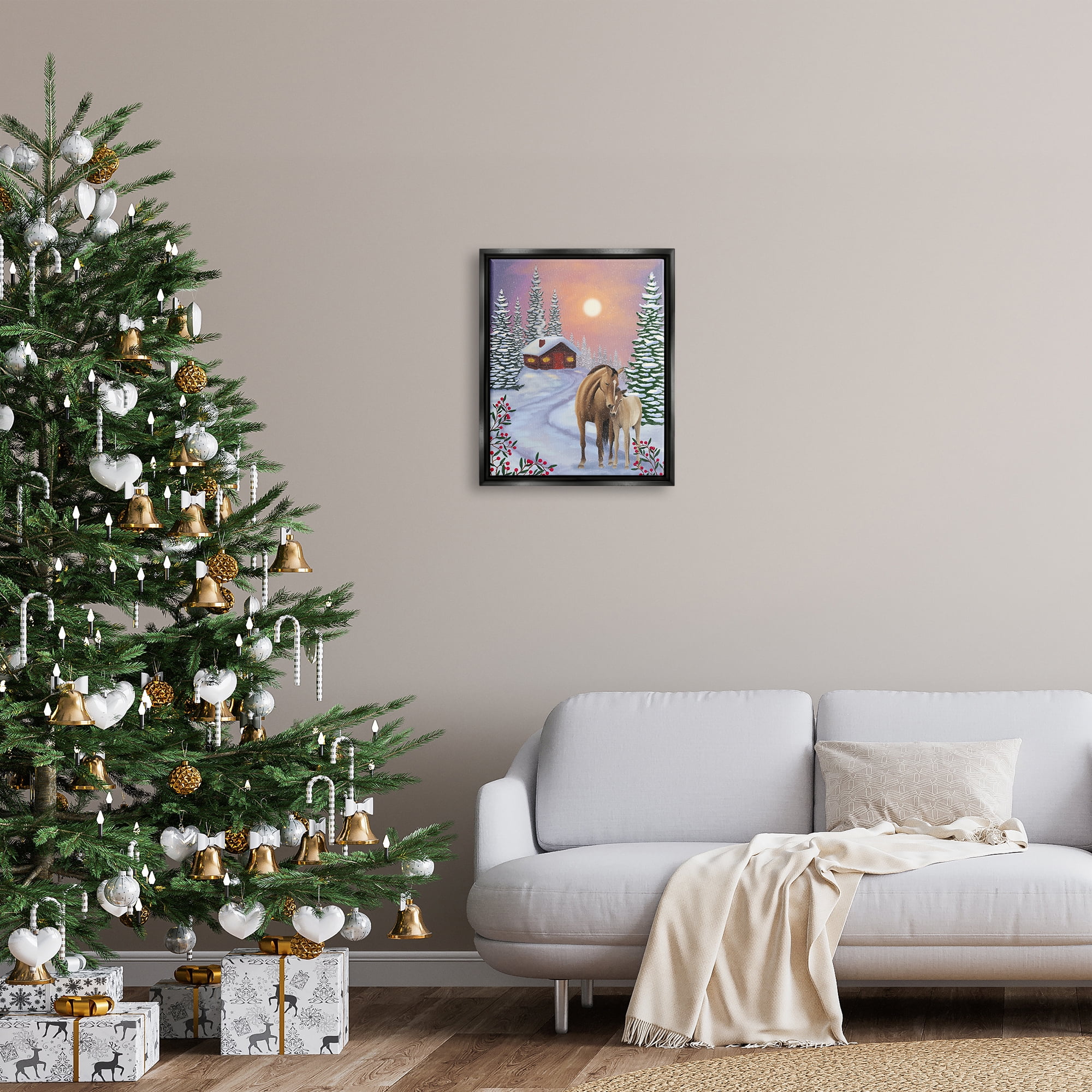 Stupell Industries Holiday Horses Winter Scene Holiday Painting Black Floater Framed Art Print Wall Art