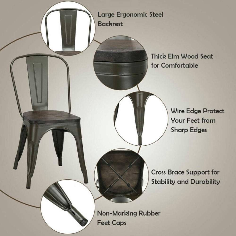 Demi Bonn 4 Pieces Tolix Style Metal Dining Side Chair Stackable Wood Seat, Black