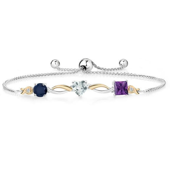 Gem Stone King 925 Silver and 10K Yellow Gold Blue Sapphire Sky Blue Aquamarine Purple Amethyst and Lab Grown Diamond Tennis Bracelet for Women By Keren Hanan (1.98 cttw, Adjustable up To 9 inch)