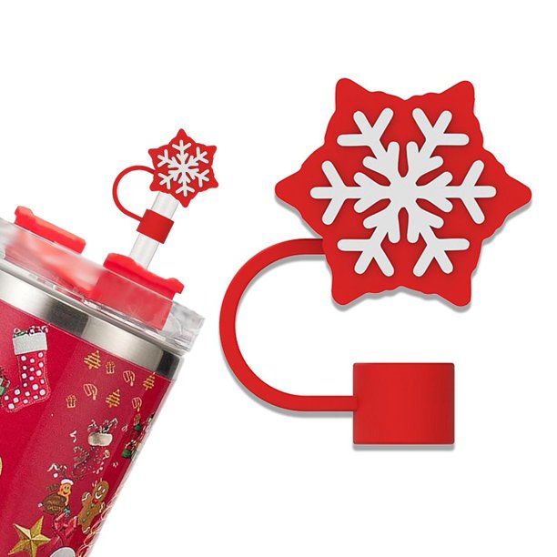 EZLIFE Funda de pajita con forma de copo de nieve para vasos, adorno con forma de pajita navideña para vasos de 30 y 40 unidades, accesorios de silicona, vasos reutilizables