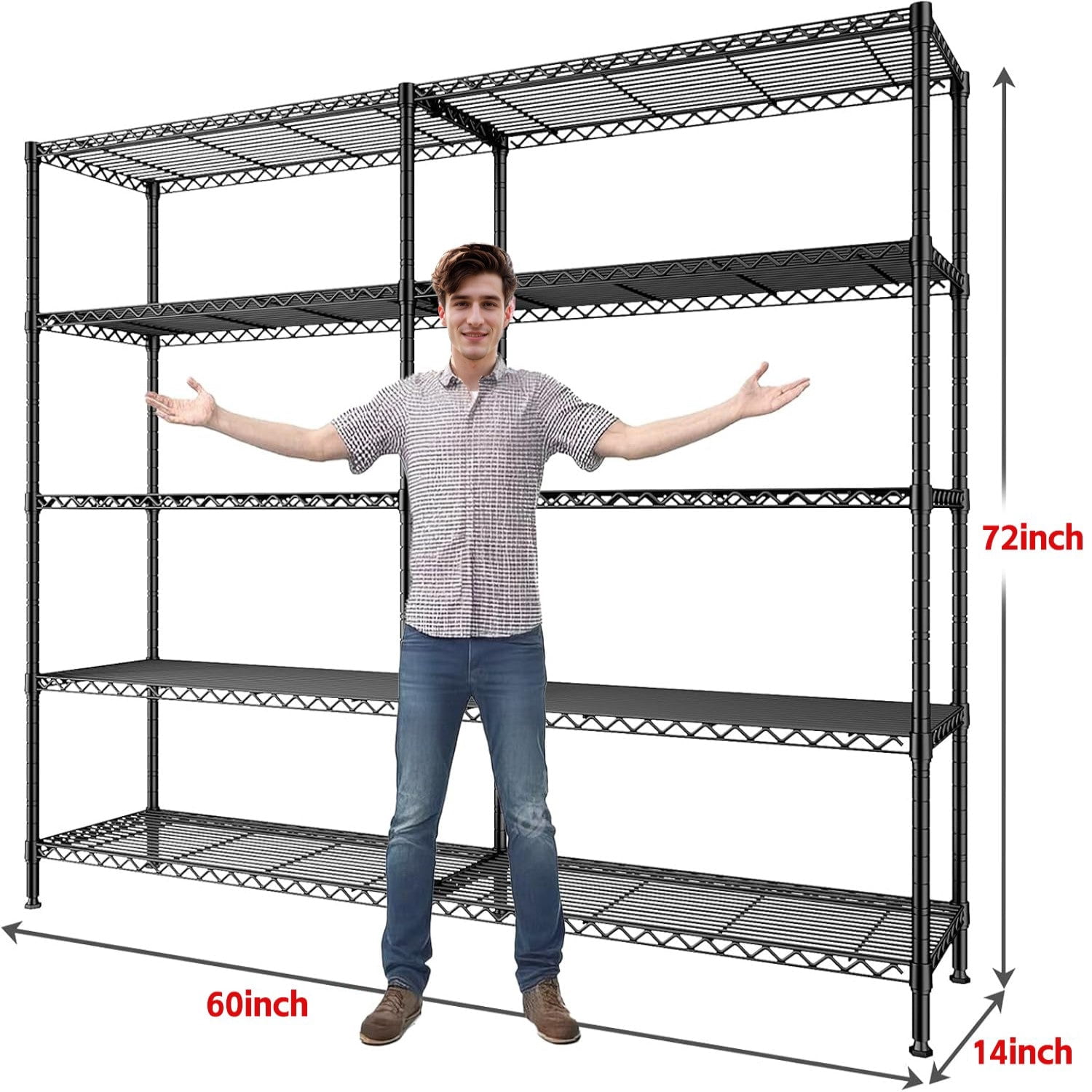 Sailvan 5-Tier Heavy Duty Metal Storage Rack,60"W x 14"D x 72"H Adjustable Wire Shelving Unit,1500 lbs Capacity Garage Pantry Shelves,Black