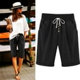 thumbnail image 2 of Lenpel Bermuda Shorts for Women Elastic High Waisted Drawstring Button Front Knee Length Shorts Summer Casual Shorts with Pockets, 2 of 7