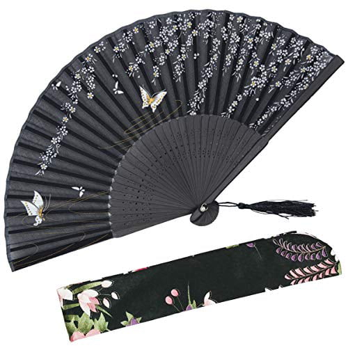 With a Fabric Sleeve for Protection for Gifts WZS-10 100% Handmade Oriental Chinese / Japanese Vintage Retro Style For Women Ladys Girls OMyTea Hand Held Silk Folding Fans with Bamboo Frame Fan-Laba-WZS-10 