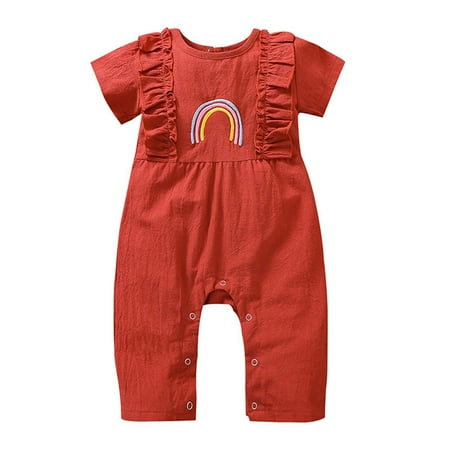 

FRSASU 3-18 Months Spring and Autumns Onesie Newborn Cotton Long Climbing Rainbows Embroidery Ruffle Crawling Clothes Red 6M