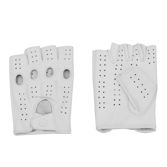 Driving Half Finger Finger less Knuckle Holes For Men Genuine Motorcycle Leather Gloves Large White