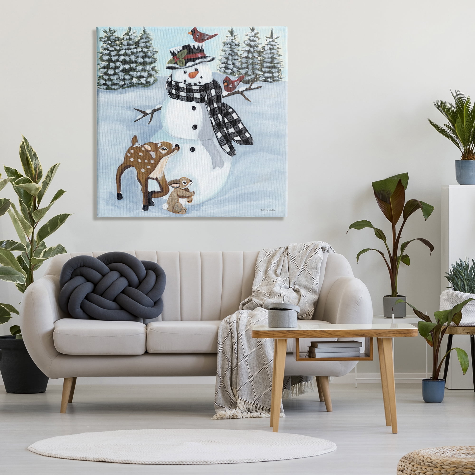Niveous Snowman Trees Scenery Winter Animals Frolicking Animals & Insects Painting Gallery-Wrapped Canvas Print Wall Art