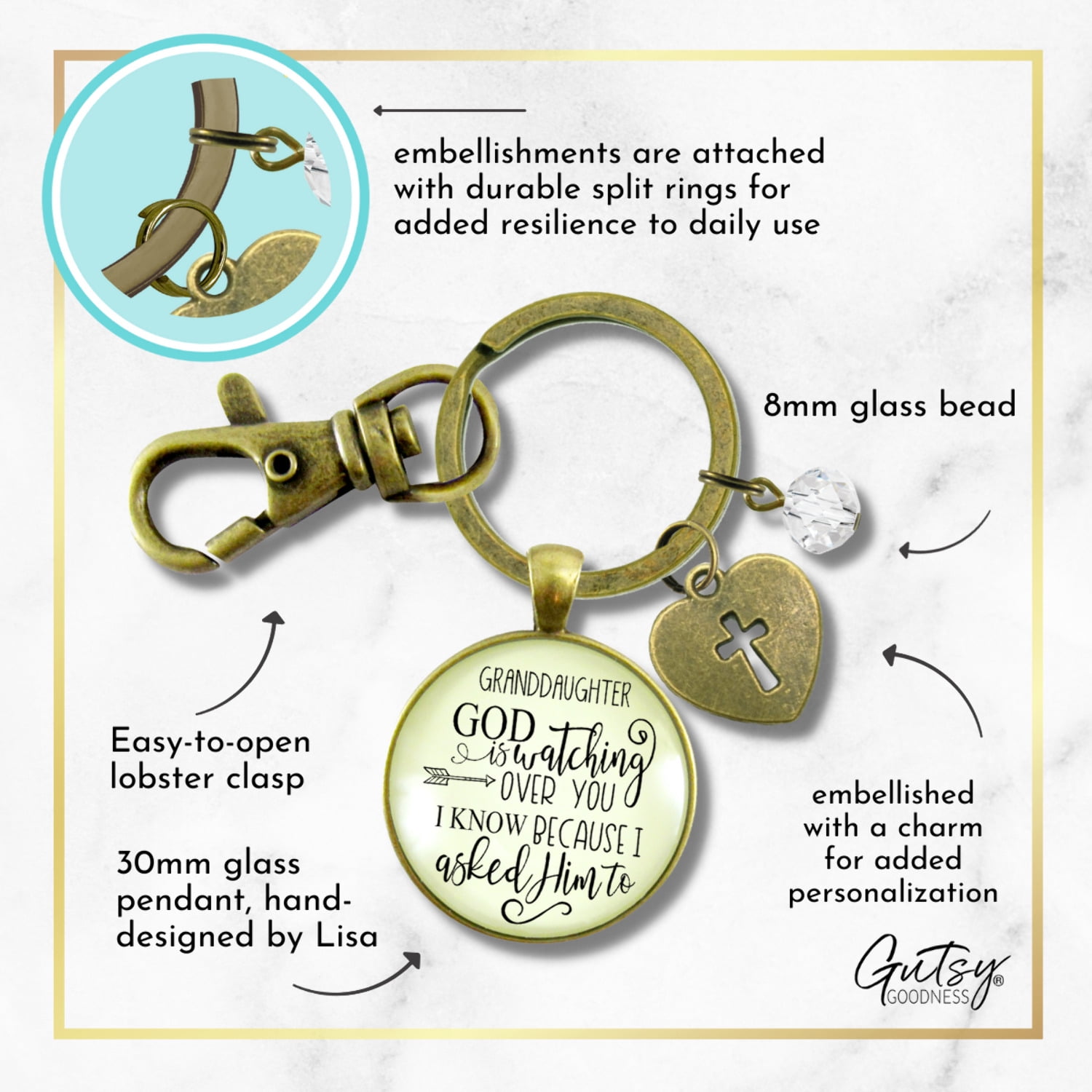 Granddaughter Keychain Gutsy Goodness Bronze Metal He Is Watching Over You Adult Female Jewelry Gift from Grandma Grandpa