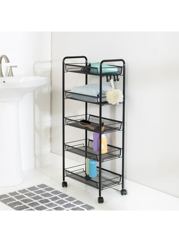 Honey-Can-Do Steel 5-Tier Rolling Storage Cart with 4 Hooks, Black