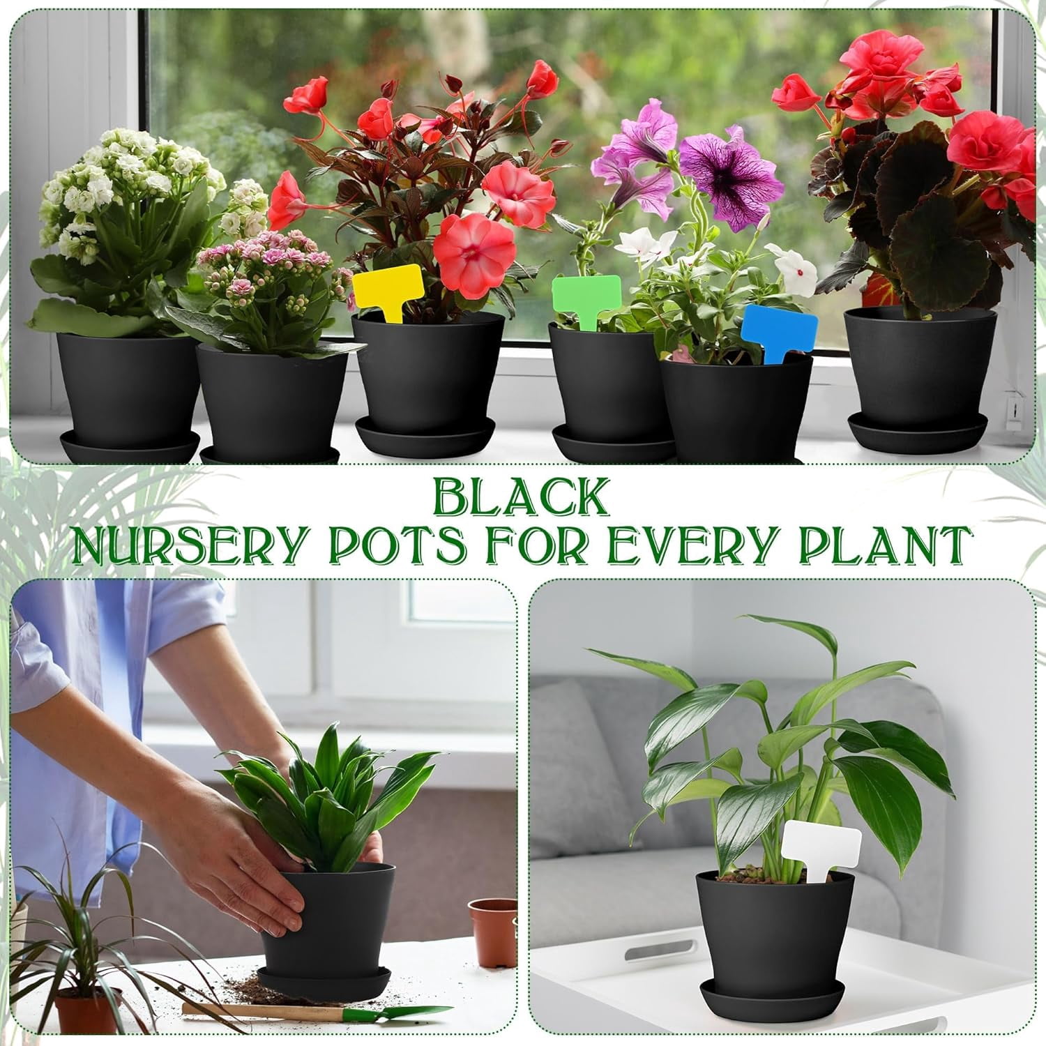 GIXUSIL Modern Matte Black Plant Pots (8-Pack, 4.8 Inch) with Drainage Holes & Trays, Plastic Planter Set for Windowsill, Desk, Kitchen Herb Garden, Succulents- Lightweight & Durable