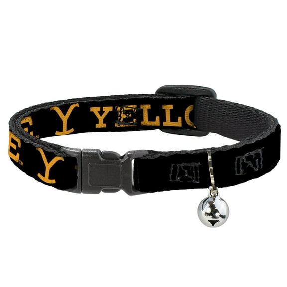 Yellowstone Breakaway Cat Collar With Bell, Plastic Clip, Easy Adjustable, Yellowstone Text and Y Logo Weathered Black Orange, 8.5 to 12 Inches 0.5 Inch Wide