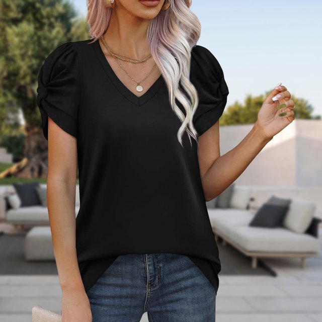 Camiseta De Manga Corta Camiseta de manga corta para mujer Camiseta cómoda con cuello en V Camisetas básicas Ropa diaria (Negro XXL) Cgtredaw Para estrenar