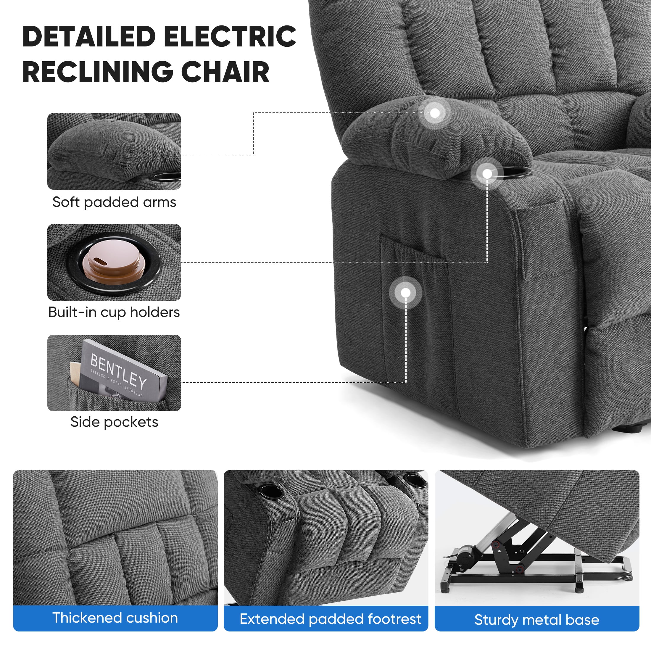 CONCETTA Indulge Adult Modern Lounge Chair Recliners with Massage and Sofa Bed, Gray