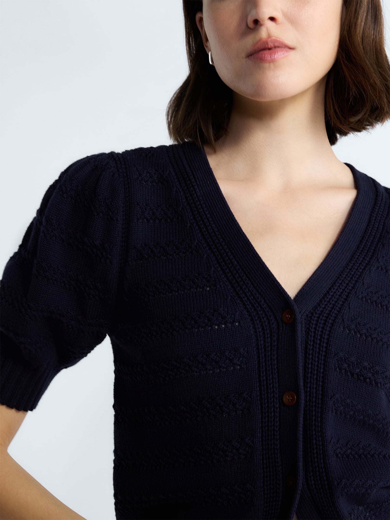Free Assembly's Women's Cotton Crochet Cardigan Sweater with Puff Sleeves, Sizes XS-4X