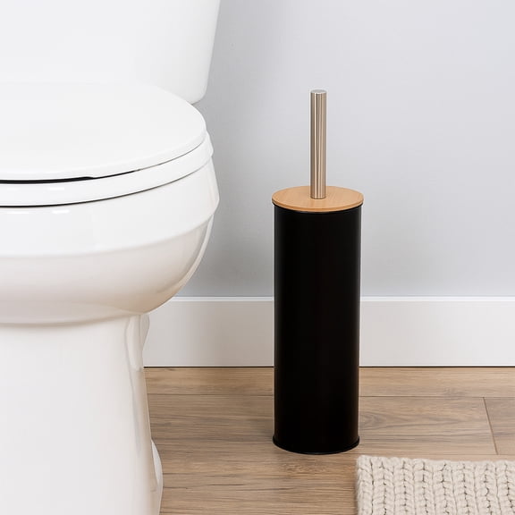 Black Metal Toilet Brush and Holder Set With Bamboo Lid