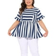 thumbnail image 1 of Blusa de verano casual para mujer de talla grande Agnes Orinda, con rayas, mangas cortas con volantes y peplum, 2025 2X azul y blanco, 1 of 6