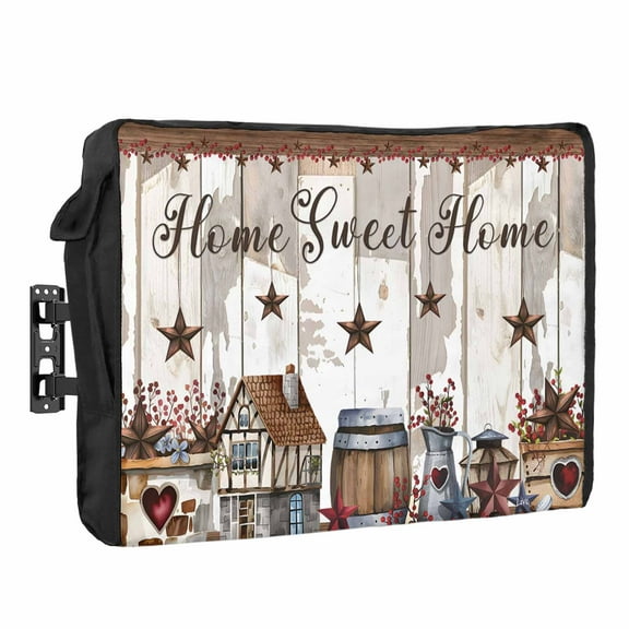 Outdoor TV Cover 60 to 65 Inches, Home Sweet Home Country Star Barn Barrel Retro Wood Grain Waterproof TV Cover with Remote Control Pocket, Flat Screen TV Cover Protector for Outside TV