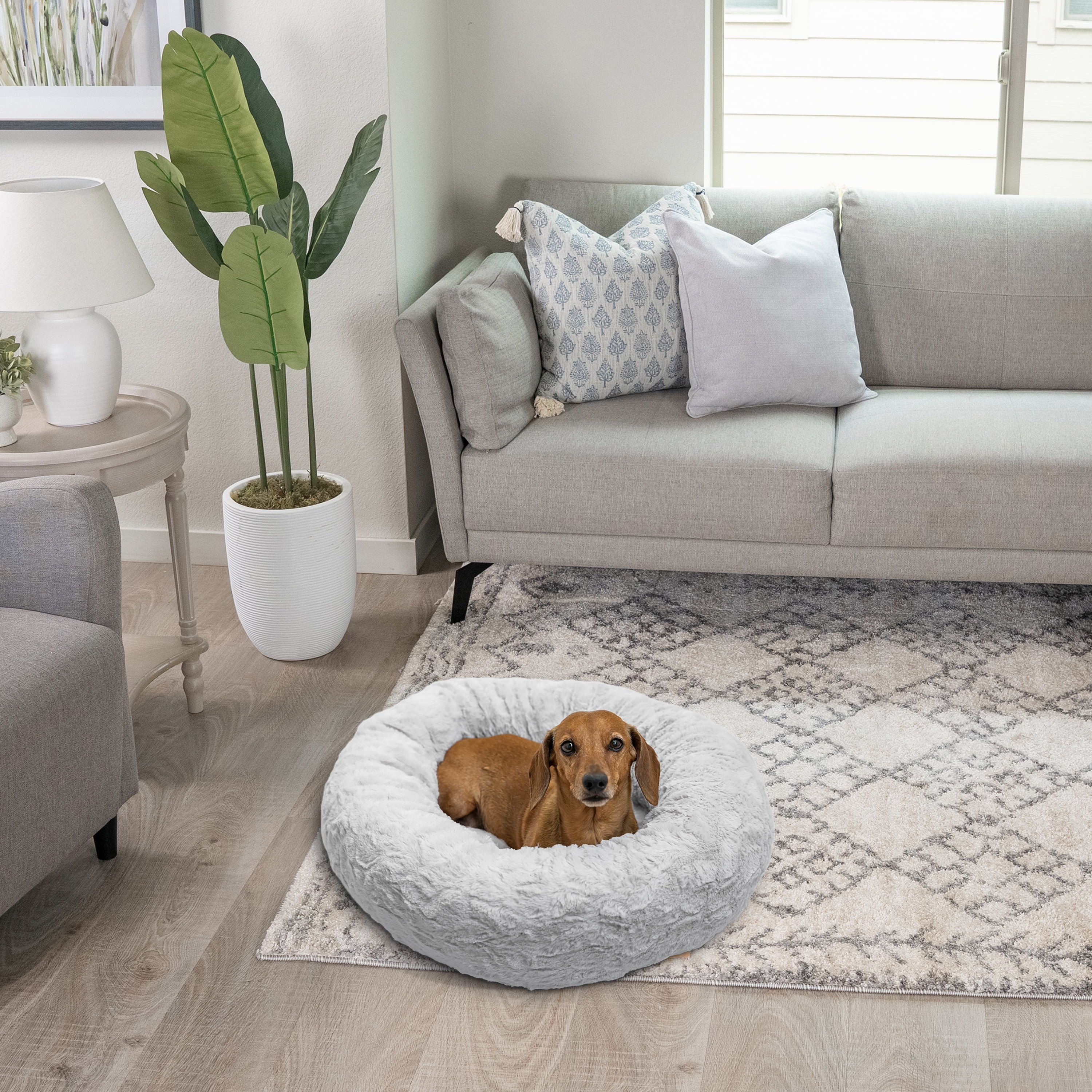 Best Friends by Sheri The Original Calming Donut Dog Bed – Washable Plush Pet Bed for Cats & Small Dogs up to 25 lbs, Lux Faux Fur, Gray, Small (23" x 23")