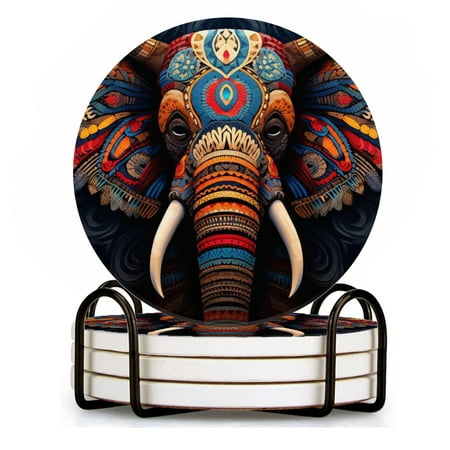 

BaHomeck Drink Coasters Set of 4 with Holder symmetrical colorful elephant with wings Water Absorbent Ceramic Coasters Tabletop Protection Suitable for Various Cup Home Decor