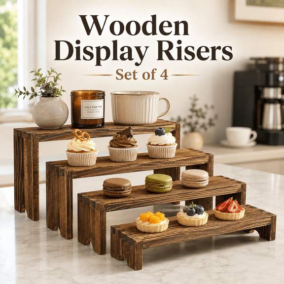MORAVE Brown Stackable Wooden Tiered Display Stands, 2 Count, Tabletop Organizer for Cupcakes and Perfume