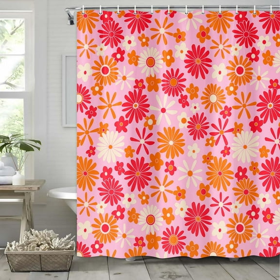 Retro Flower Hot Pink Shower Curtain Cute Vintage 72s Groovy Floral Bathroom Accessories, Boho Hippie Funky Chic Bathtub Curtain with Colorful Flowers Modern Artistic Fabric Bathroom Decor Set 72X72IN