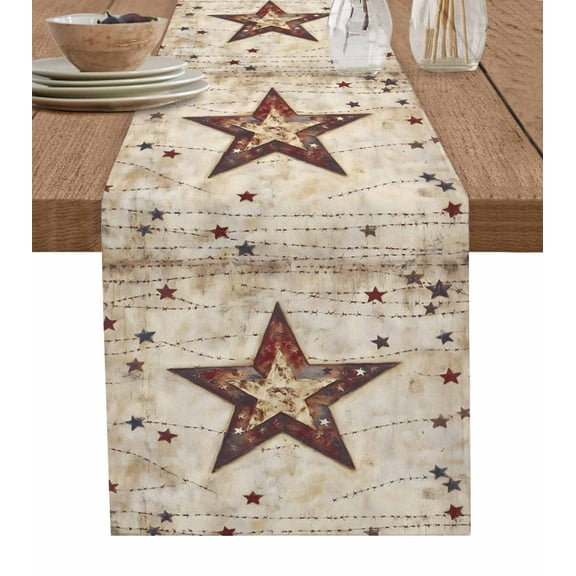 Texas Star Western Burlap Cotton Table Runner 13x36 Inches Short, Stars Country Retro Farmhouse Table Runners, Outdoor Dining Tablecloths Decor for Baby Shower/Party/Wedding