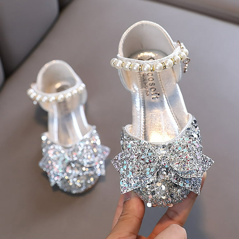 Noldares Little Girl's Adorable Sparkle Mary Jane Ballerina Flat Princess Flower Wedding Party Dress Shoes(Silver,5-5.5 Years)