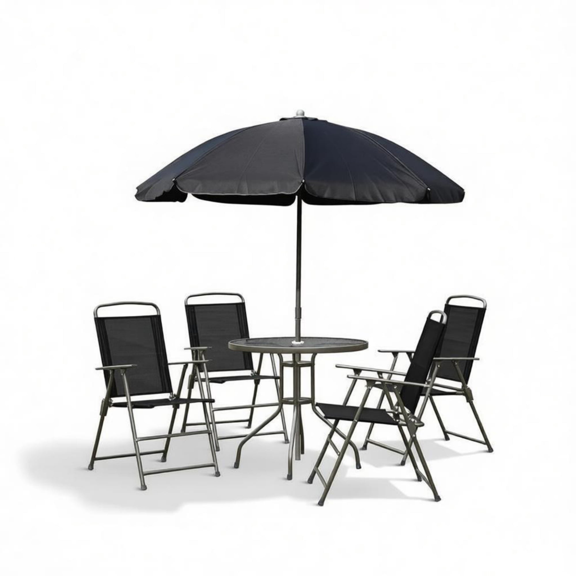 6-Piece Patio Dining Set for 4, Complete with Umbrella, Round Glass Table & 4 Folding Chairs, Black & Coffee