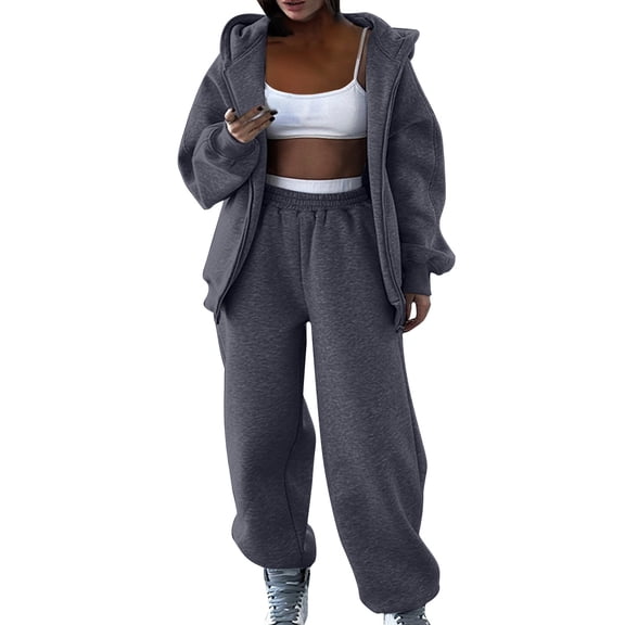 Zpanxa Sets for Women Clothing Two Piece Solid Zip-Up Hooded Sweatshirt and Cuffed Jogger Pants