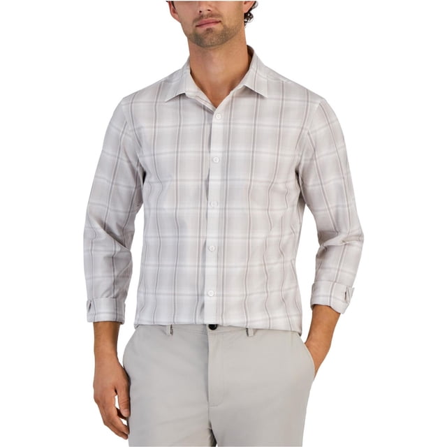 Alfani Mens London Plane Button Up Shirt, beigekhaki, M Neck