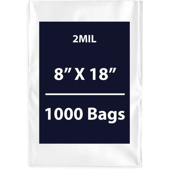 Clear Flat Poly Bags, 2Mil 8" X 18" & 1000 Bags | Low-Density Polyethylene (LDPE), Flat Open Top Plastic Packaging Packing | Flexible and Durable Plastic Bags