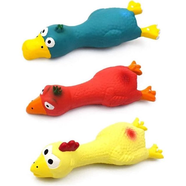 3 juguetes chirriantes para perros, juguetes pequeños de pollo chillón, de 16.7 cm de largo, de goma suave, para masticar molares, para cachorros pequeños y medianos.