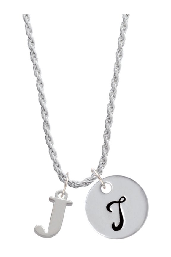 Silvertone Large Initial - J - Silvertone Script Initial Disc - T - Charm Necklace, 20"+3"