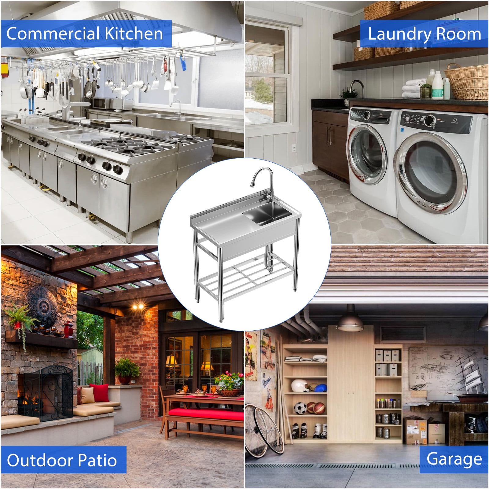 39 Inch Stainless Steel Utility Sink, Single Bowl w/Workbench Storage Shelf