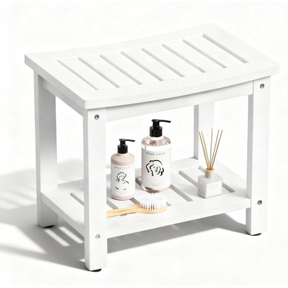 Kaleemen Shower Bench with Storage Shelf, Waterproof & Non-Slip Design Shower Stool for Bathroom, Living Room,White
