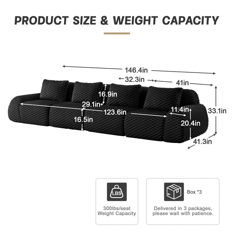 146" Modern Modular Sectional Sofa for Living Room,Flannelette Fabric,Oversized 4-Seater Couch,boneless sofa,Deep Seat,Buckle connection,Anti-slip Design,No Assembly,Black