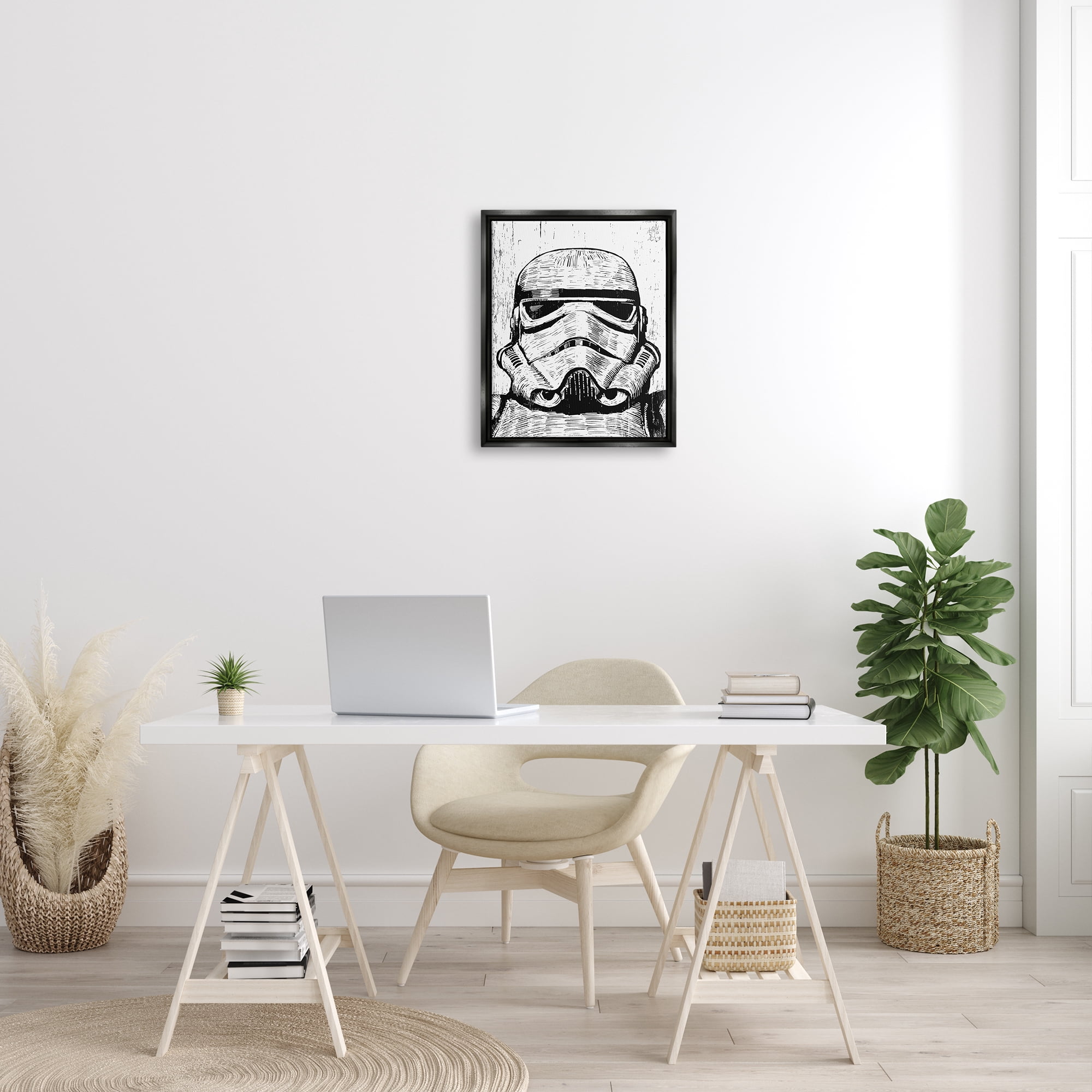 Stupell Industries Black and White Star Wars Stormtrooper Distressed Wood Etching Jet Black Framed Floating Canvas Wall Art, 16x20, by Neil Shigley