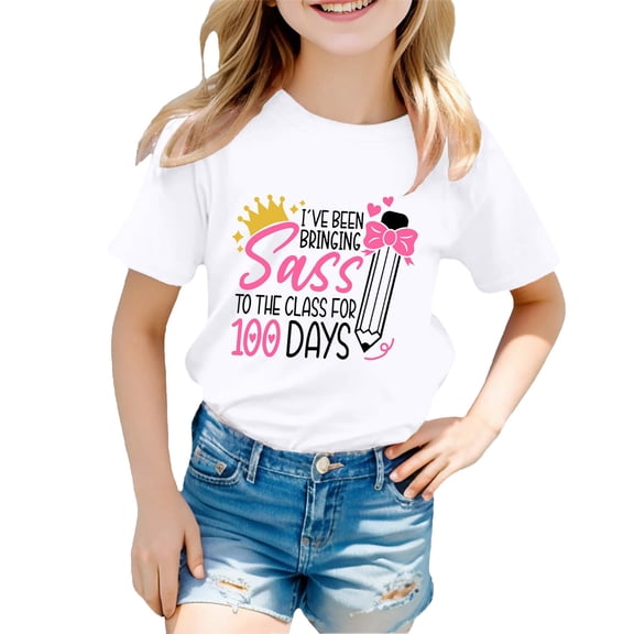 shqvo Girls Tops 5t 100 Days Of School Print Short Sleeve T-Shirts School Spirits Trendy Cute Tops for Teen Girls Toddler Clothes for Girls