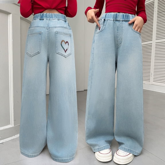 HAYIMI Kids Pants Girls High Waist Denim Pants Wide Leg Straight Fit Casual Trousers With Embroidered Heart Back Pocket Comfortable Stretch Jeans For Teen Girls Stylish Solid Color Daily Slacks